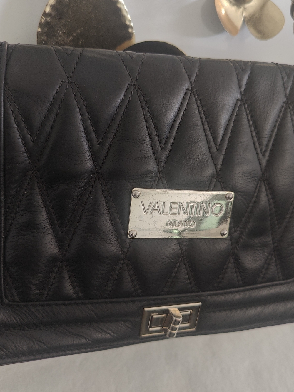 Valentino Quilted Black Leather Shoulder Bag with Silver Plate